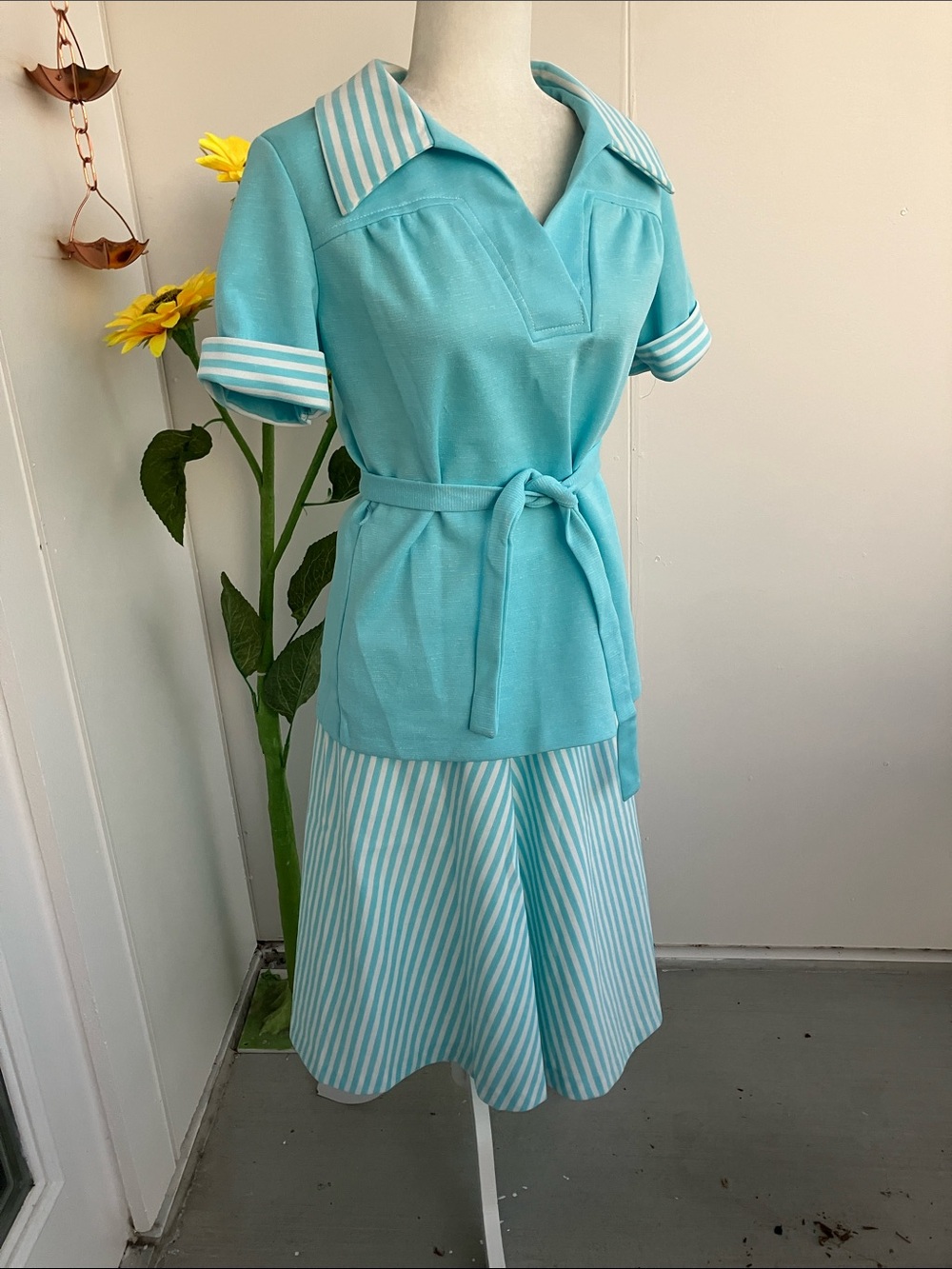 Vintage 60s 70s Two Piece Light Blue White Stripes Skirt Set